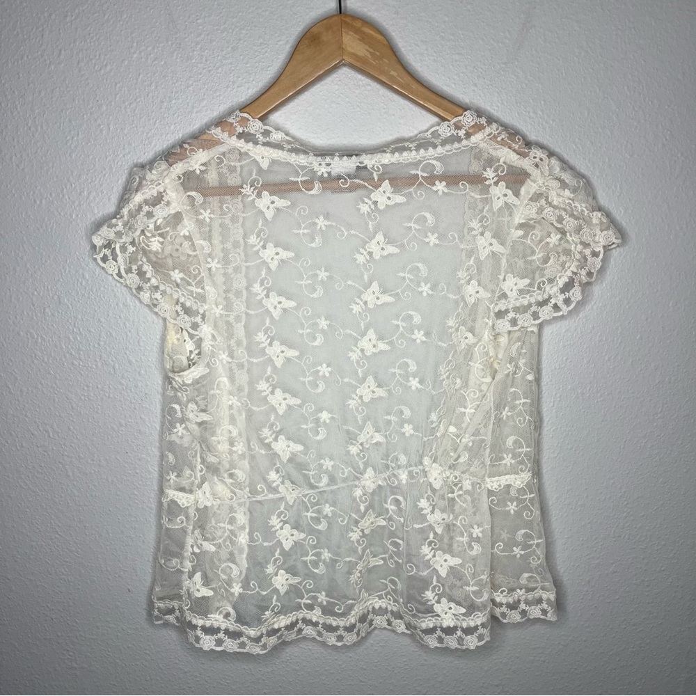 Y2K Vintage Ultra Pink Sheer Butterfly Floral Lace Short Sleeve Cardigan Top - Picture 4 of 8